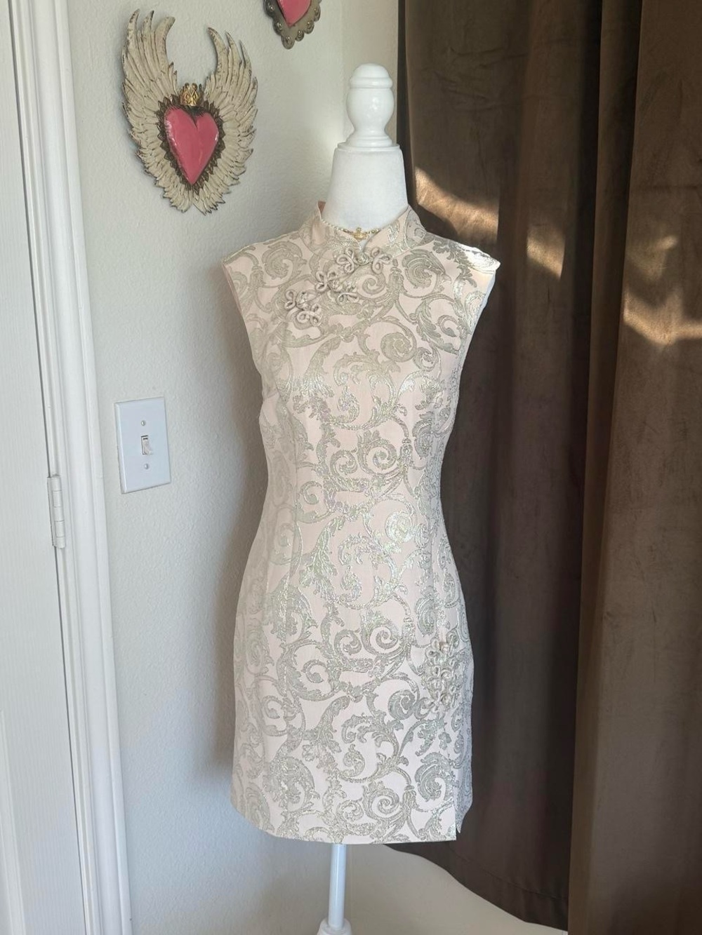Rumored Pale Pink Mini Dress with Silver Brocade